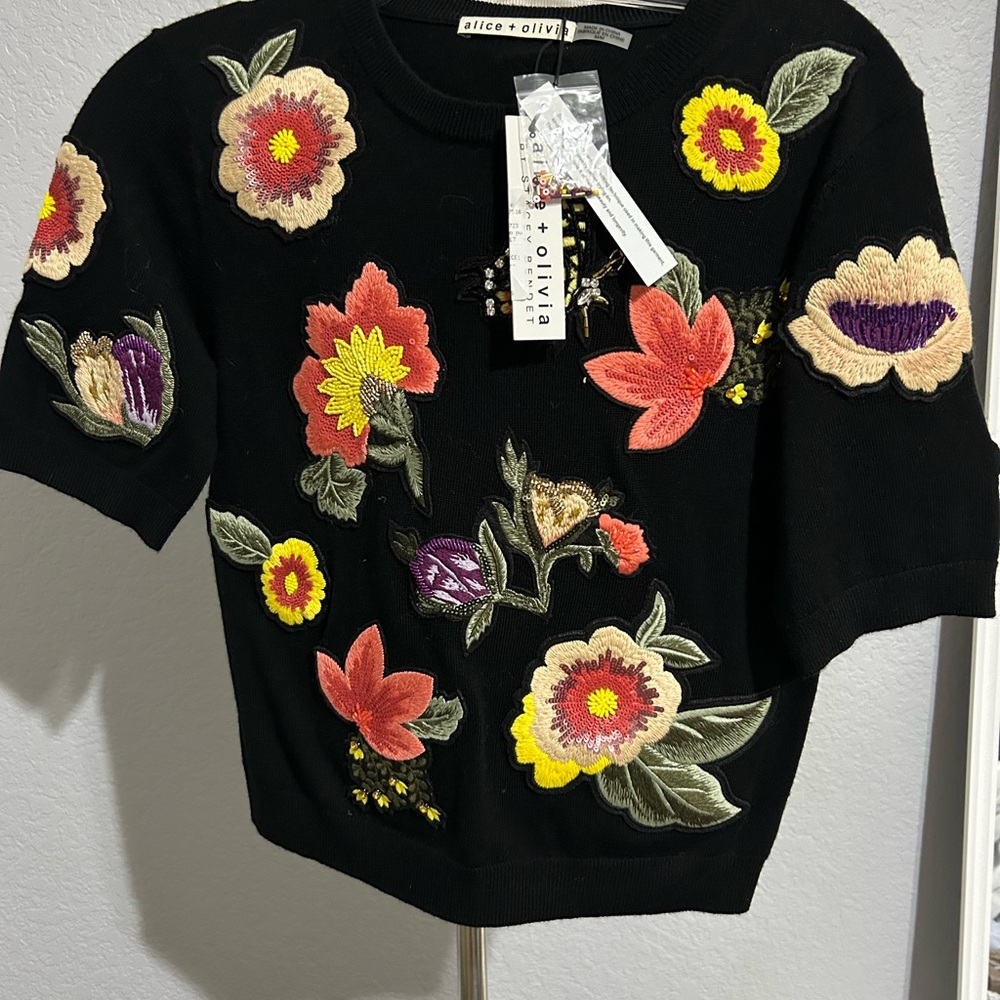 Alice + Olivia Black and Red Sweater with Floral Design